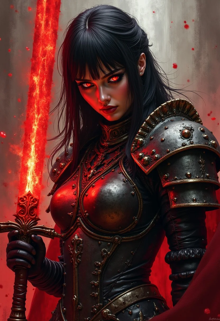 renaissance masterpiece painting depicting a stunning female hellknight, spiky armour, no helmet, glowing eyes, dark hair, bangs, dark eyeshadow, thin red lips, holding huge sword glowing red, dynamic pose