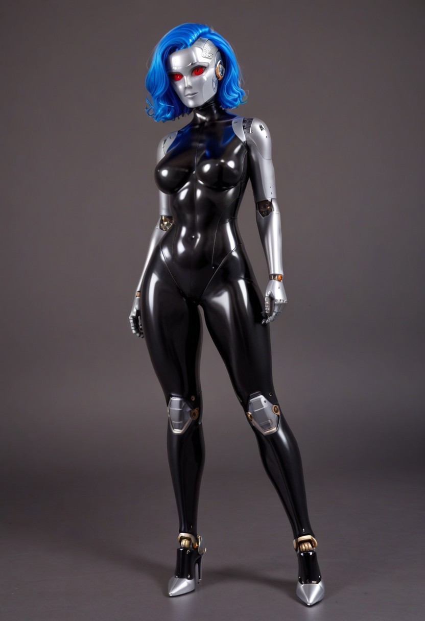 solo, A 35mm full length photo of  a beautiful 20 year old woman, she is a humanoid robot , robotic body, freckles, smooth featureless silver grey robotic skin, robotic aerials, metallic dark blue hair, elegant black latex bodysuit with white trim
TheFaceLess