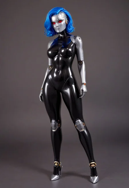 solo, A 35mm full length photo of a beautiful 20 year old woman, she is a humanoid robot , robotic body, freckles, smooth featureless silver grey robotic skin, robotic aerials, metallic dark blue hair, elegant black latex bodysuit with white trim
TheFaceLess