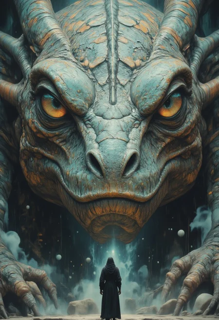 a striking and surreal scene that combines elements of both the natural world and fantasy. Dominating the composition is a massive, reptilian eye, filling almost the entire frame. The eye is highly detailed, with a slit-like pupil that suggests it belongs to a large, powerful creature, perhaps a dragon or another mythical being. The texture around the eye is rugged and scaly, giving the impression of ancient, weathered skin. In the lower portion of the image, a solitary human figure stands before the eye, dressed in a flowing black robe. The figure is tiny in comparison to the colossal eye, emphasizing the vast difference in scale and power between the two. The person stands on a surface that appears to be water or mist, which reflects the eerie, otherworldly light that surrounds the scene. The atmosphere is misty and dreamlike, adding to the sense of mystery and awe. Overall, the image is both dramatic and thought-provoking, blending cultural elements with a fantastical imagination to create a visually captivating scene. white sphere on the background