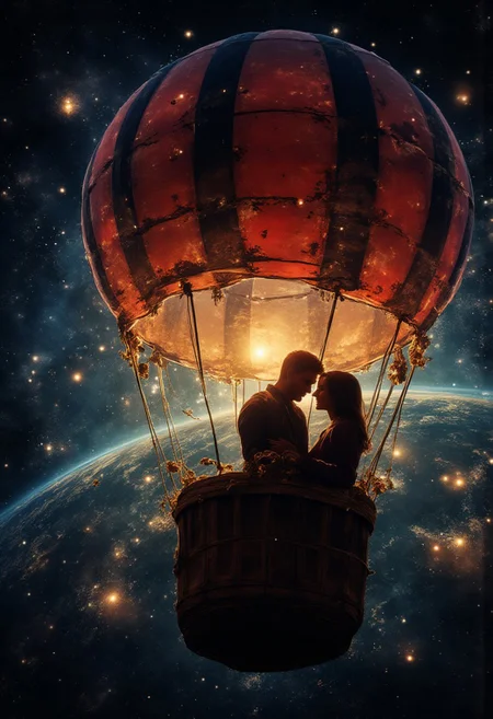 A picture of a man and a woman, romantically inside the basket of a hot air balloon. The hot air balloon is floating through space. In the distance below is the surface of the Earth. In the background is space, dark with many stars.