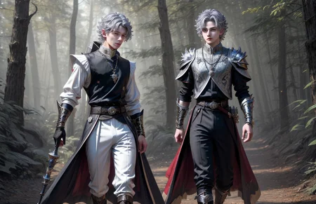 8k, wolf prince, ((masterpiece)).((best quality:1.2)), sharp focus, full body, head to toe, 1 young man, 22 years old, youthful appearance, male focus, dynamic pose, silver colored hair, curly hair, EYESHD, small testicle bulge, Nora outfit fur accents, Nora outfit bead necklaces, Nora outfit pants, Nora outfit hip quiver, Nora outfit leg guards, Nora outfit arm braces, Nora outfit belt with pouches, and Nora outfit fur boots, defined body, thin waist, looking at camera, armor, detailed background a wooded clearing, a pet wolf standing nest to him,(absurdres) , <lora:more_details:0.5>, <lora:wrenchftmfshn>,<lora:add-detailxl:0.8>, <lora:Eyes_High_Definition-000007>, , <lora:lightup_brightness_v200:1>, <lora:Nora:1>