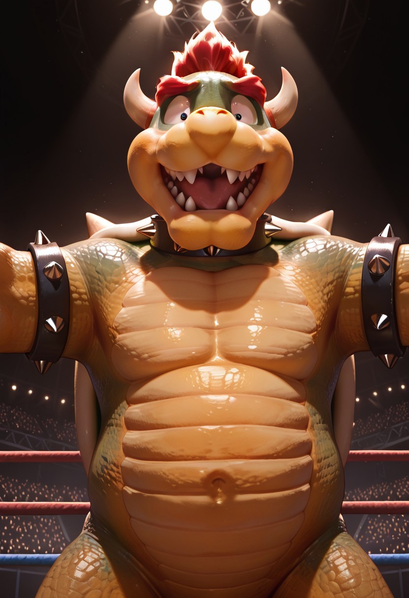 Masterpiece, Bowser, koopa, half closed eyes, smile,  Red hair, round belly navel, moobs, spiked collar, realistic, detailed, half body, realistic, ((plain blue shirt)), standing, (((stationary restraints, bound by rope, outstretched arms, stationary restraints))), BREAK, indoor wrestling ring, shadowed audience, stage lights, turnbuckle, spotlight illuminating, low angle, (((front view))), half body view, sharp teeth, mouth open, wide eyes, furrowed brow, Sharp teeth, submissive,