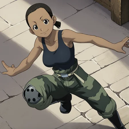 score_9, score_8_up, score_7_up, 1girl, solo, source_anime, aninyaFMA, dark-skinned female, tank top, black hair, black eyes, ponytail, <lora:PaninyaFMA:1> prosthetic leg, camouflage, boots, dynamic pose, looking at viewer, smiling, big breast,