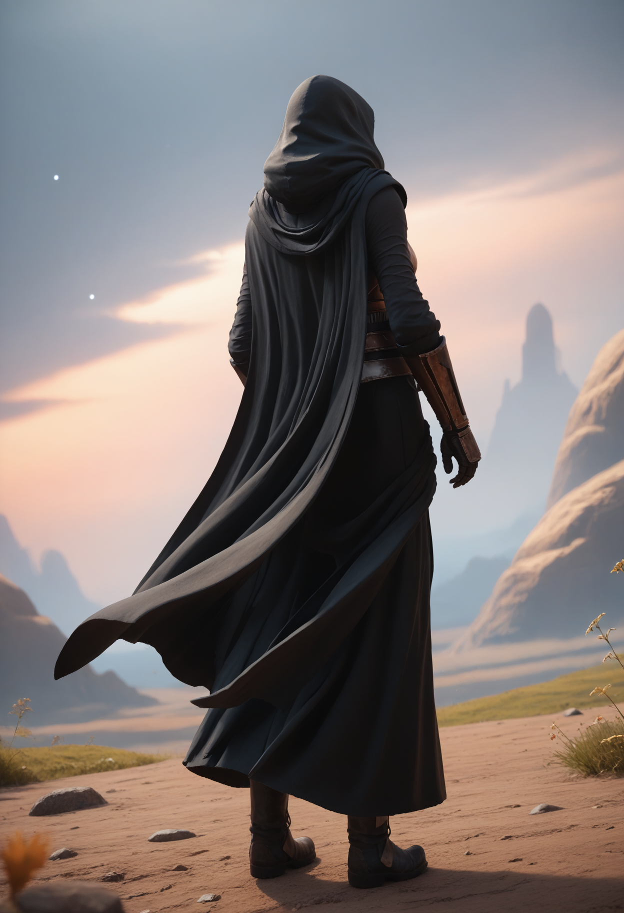 score_9, score_8_up, score_7_up,
1girl, solo,
star wars, scenery, wind,
standing,
facing away,
cowboy shot, from behind, dutch angle, depth of field,
<lora:Dark_RevanArmor_Pony:0.7> d4rkr3v4n4rm0r, black robe, cape, hood up, breastplate, gauntlets, belt, belt boots,