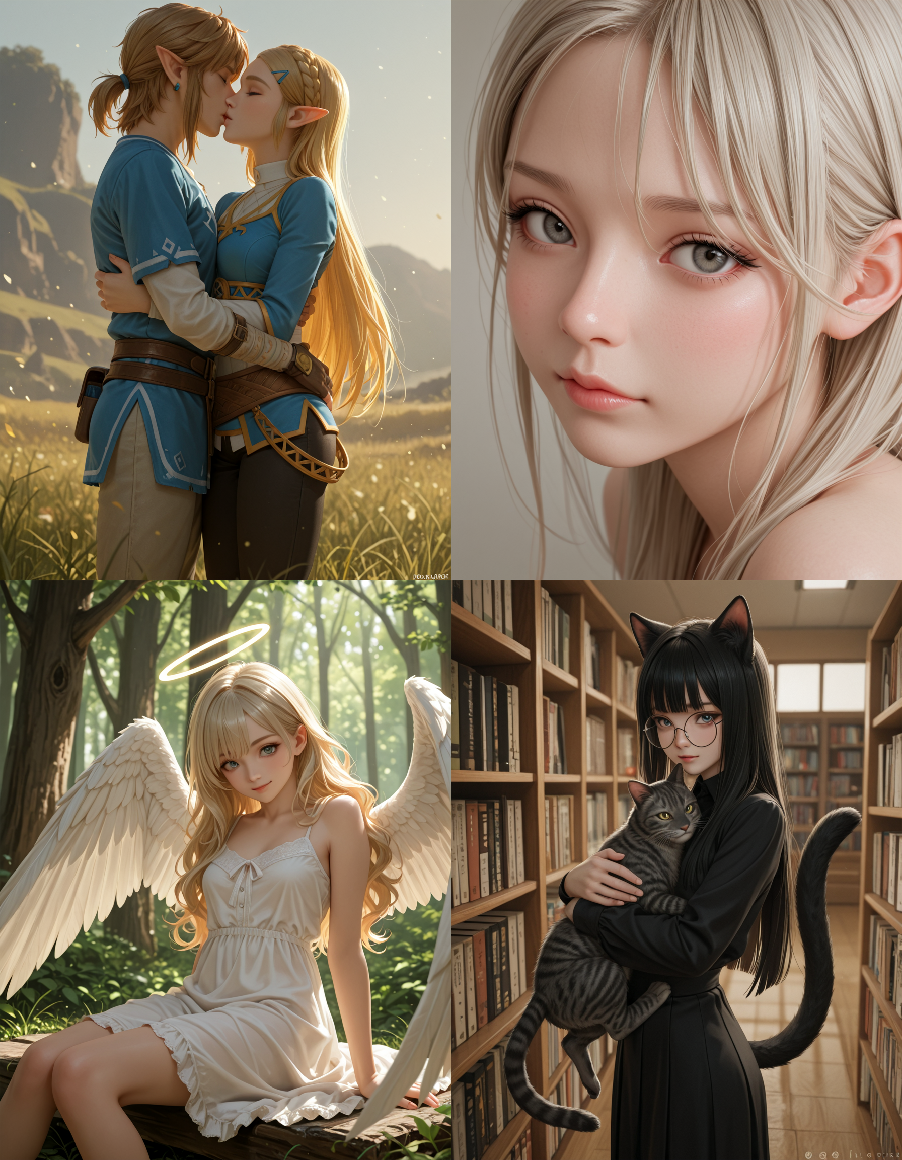 https://civitai.com/articles/8642 __ 1st image: masterpiece, best quality, 1girl, 1boy, princess zelda, the legend of zelda: breath of the wild, standing, kiss, hug, closed eyes, outdoors __ 2nd image: masterpiece, best quality, 1girl, face, portrait, looking at viewer, closed mouth __ 3rd image: masterpiece, best quality, 1girl, solo, blonde hair, wavy hair, angel, angel wings, halo, smile, sitting, forest, white dress __ 4th Image: masterpiece, best quality, 1girl, solo, long hair, black hair, blunt bangs, straight hair, round eyewear, cat girl, cat ears, cat tail, standing, hug, cat, looking at viewer, library