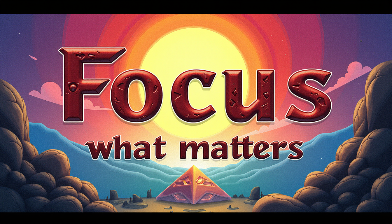 <lora:SC2Font:0.5>A SC2StyleFont text that says "Focus on what matters" in Burgundy letters, over a colorful monolith, rainbow, Luminescent tapestry background. Under the text, draw an icon that captures the meaning of the words