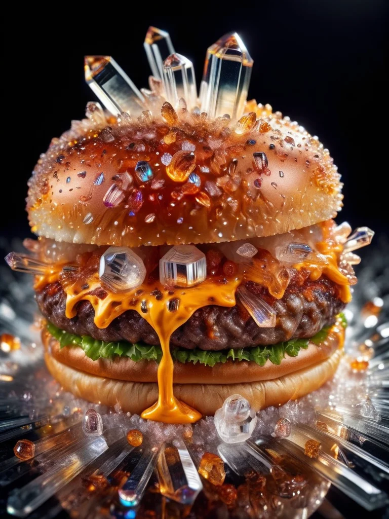 food photography photo of a crystal burger with molten cheese, perfect bun, maximum detail, foreground focus, crystalz <lora:crystalz:1>