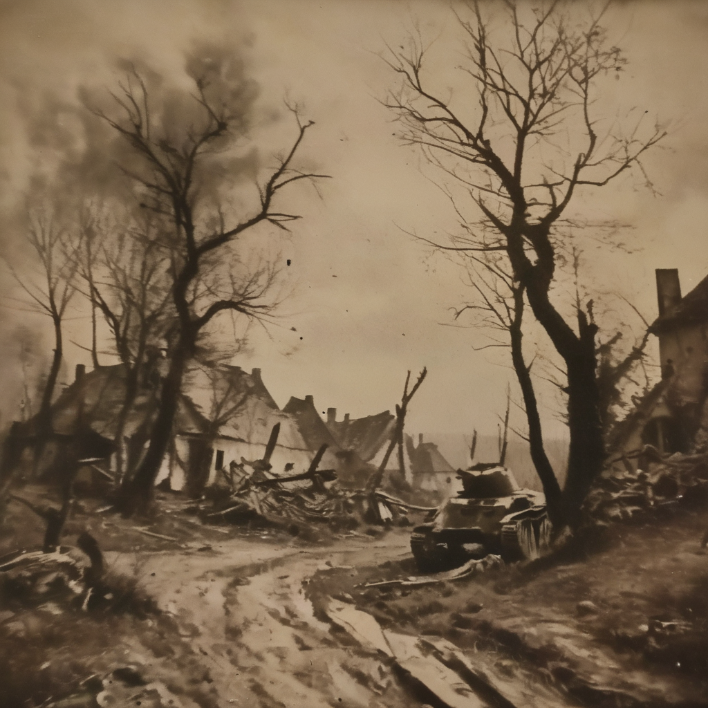 nostellum landscape, war, tanks, hill, old crooked trees, road, destroyed buildings<lora:nostellum:1>