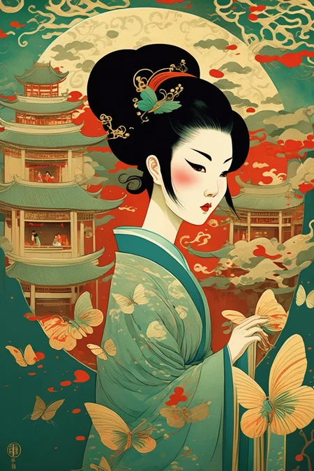 <lora:Victo Ngai Style:1>Victo Ngai Style - Illustration style, Victo Ngai style, ancient towns south of China as the background, Chinese colors, gradual background, fresh, everything comes back to life, green willow trees, female Yue opera actors in performance, many butterflies, ring composition, rich saturated colors, delicate details, exaggerated techniques, vector painting, Flat paint style,Chinoiseriester 16k