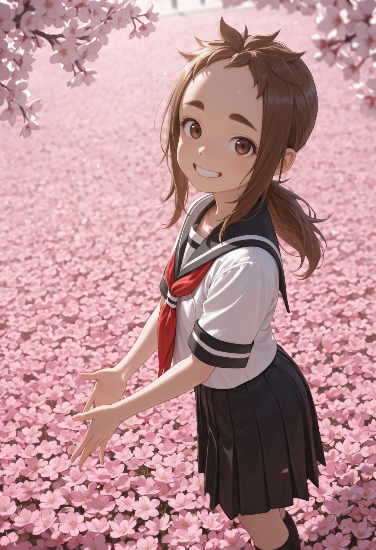 masterpiece,best quality,absurdres,highres,very aesthetic,high quality,detailed,insanely detailed,beautiful,perfect lighting, looking at viewer, 
 <lora:Hibino Mina illu:1> 1girl, brown hair, brown eyes, long hair, thick eyebrows, ponytail, forehead, school uniform, pleated skirt, red neckerchief, serafuku, black sailor collar, short sleeves, white shirt, black socks, black skirt
outdoors,cherry blossoms,standing,cowboy shot,smile, flower field, grin, from above