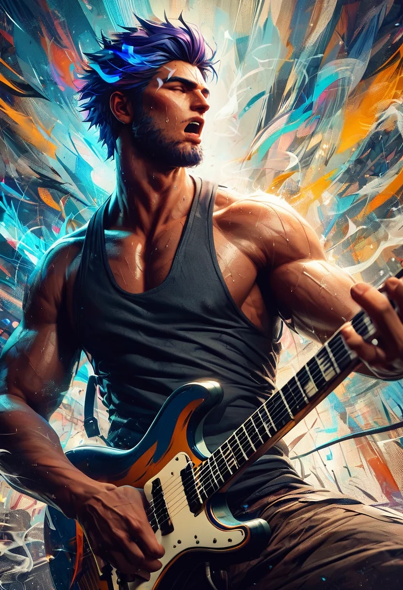 score_9, score_8_up, score_7_up, rgtexture, male, (playing electric guitar:1.2), intense expression, stage performance, dynamic pose, sweat on forehead, tank top, spotlight shining on him, vibrant color hues, blue and purple lighting, dark concert hall, smoke effects, crowd blurred in background, glowing stage lights, high-energy atmosphere, focused and passionate, music flowing through him, open mouth,