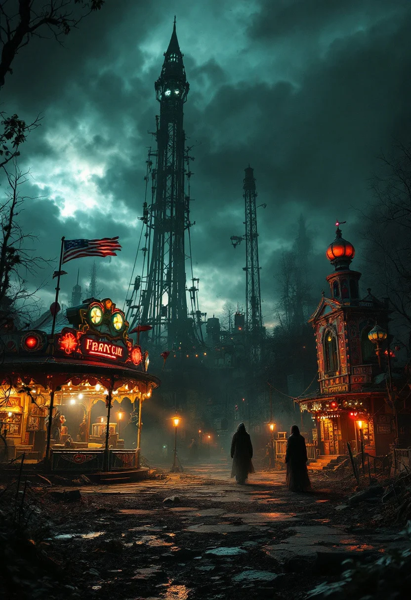 Imagine an abandoned carnival overtaken by supernatural elements, where old rides, clowns, and attractions come to life with a dark twist. Incorporate eerie lights, ghostly figures, and decaying structures