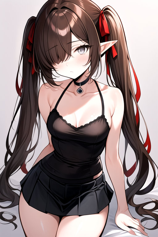 masterpiece, best quality,  <lora:Kra_SD:0.8> k'ra, grey eyes, brown hair, twintails, red ribbons, black camisole, short black skirt