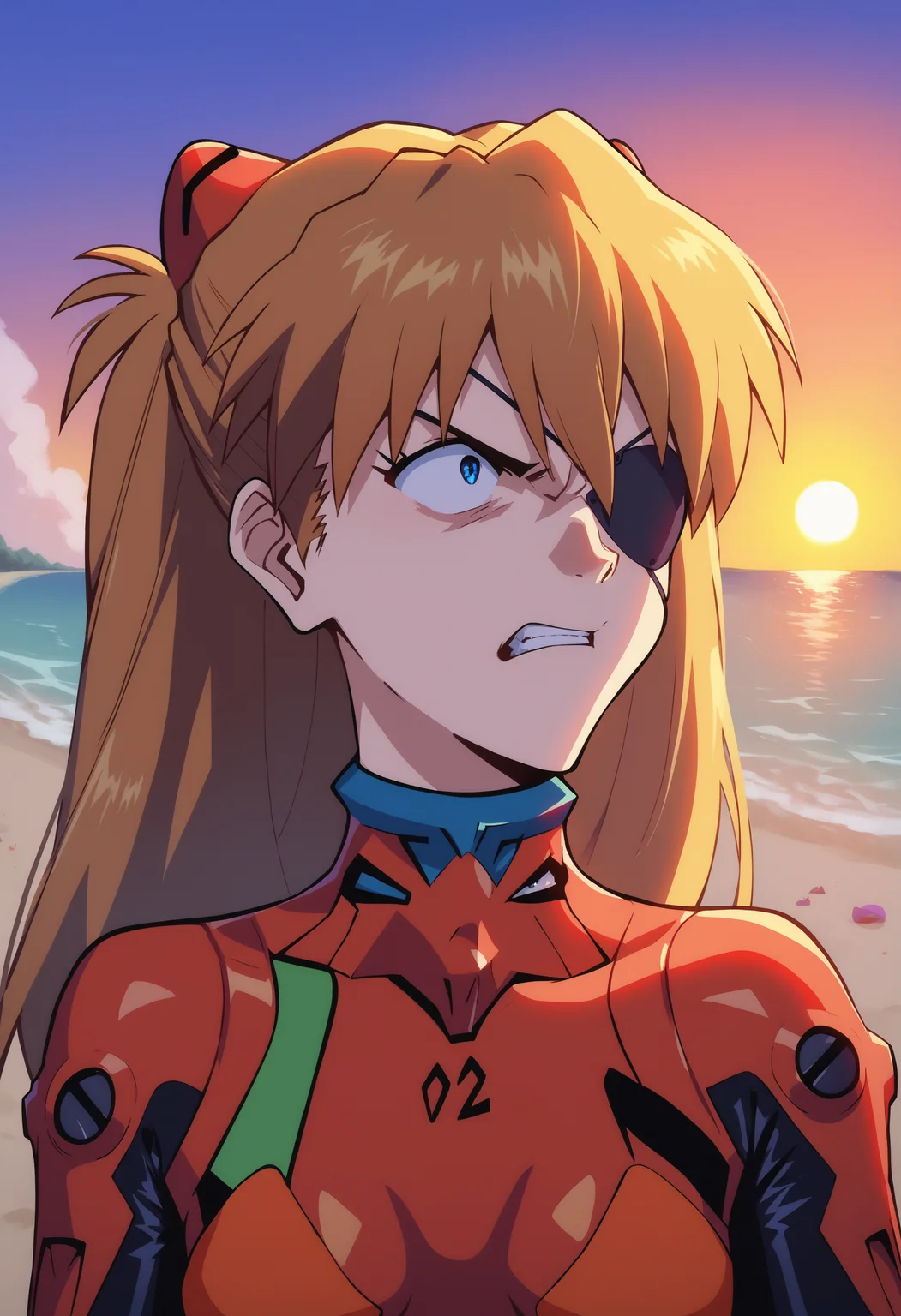 score_9, score_8_up, score_7_up, score_6_up, BREAK,sunset, beach, sand,<lora:asukatopXL_Pony_v1:1> portrait of asklng1, 1girl,long hair,blue eyes,angry<lora:Smooth Anime Style LoRA XL:1> red plugsuit,eyepatch