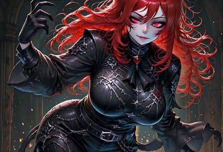 very aesthetic, masterpiece, best quality, highres, absurdres, amazing quality, high resolution, 1girl, solo, medieval background, detailed eyes, perfect eyes, expressive eyes, Expressiveh, vivid colors, realistic lighting, perfect anatomy
Red Eyes, long hair, red hair, pale skin, voluptuous, cellulite, chubby, large breasts, ((uneven eyes)), freckles, lots of freckles, crazy eyes
black gloves, sharp fingers, black shirt, button up shirt, button down shirt, black ascot, black frills, buttons, wide sleeve cuffs, black belt, black cuffs, gambeson, black leggings