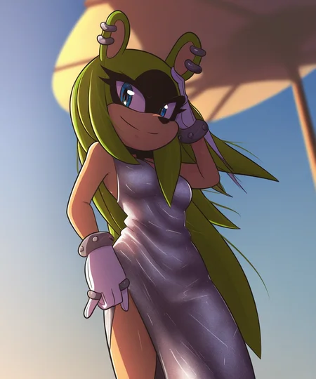 solo, surge the tenrec, blue eyes, ring piercing, silver dress, gloves, smile, hair down, medium breasts, blue sky, by mrsakai,by pandashorts, realistic, cinematic lighting, best quality, highly detailed, <lora:SurgeXL_030-Noob-nd64-lr2-ep26:1>