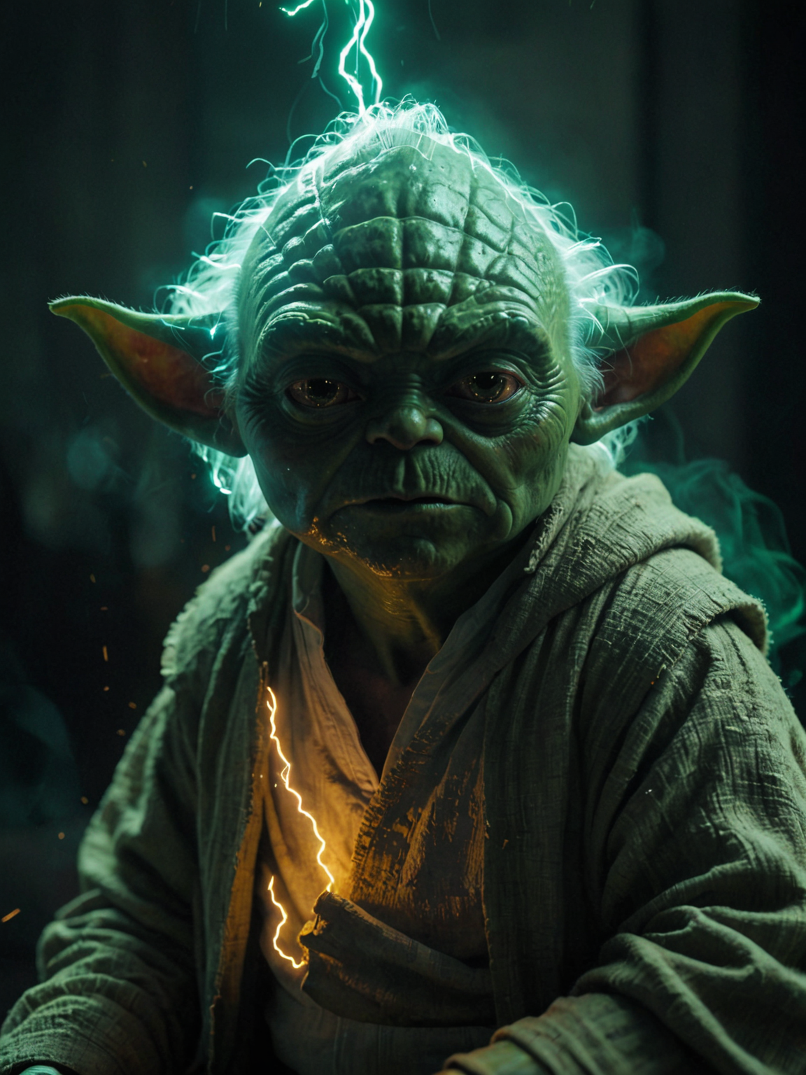 glowneon, glowing old yoda emitting sparks and electricity, hood, dark green, glowing eyes, cinematic film still<lora:glowneon_xl_v1:1> <lora:add-detail-xl:0.8>