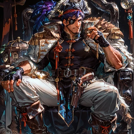<lora:Liu_Shen__Alchemist_Code-000005:.75> tagatameshen, shen_indigo hair, shen_purple eyes, 1boy, short hair, solo, male focus, manly, mature male, bara, muscular male, tassel, knot, pirate hat, feather ornament, eyepatch, compass, epaulettes, coat, tangzhuang, fingerless gloves, compass, gun holster, fur trim cape, pants, boots,
short hair, male focus, muscular male, muscular male, bara, mature, (hairy body, hairy, body hair, glossy skin, bara, mature, facial hair, beard, full beard, sideburn, mustache, stubble), facial hair, bara, mature, body hair, aixiwuganda_(20222192), very awa, masterpiece, best quality, absurdres, newest, perfect quality, detailed background, intricate details,, <lora:slider_Body Type_alpha1.0_rank4_noxattn_last:3><lora:Anime Summer Days 2 Style SDXL_LoRA_Pony Diffusion V6 XL:.6><lora:merged:.7>, DARK, DARK BACKGROUND, LOW-KEY LIGHTING <lora:slider_cfg_scale_boost:.7><lora:Artist6p:.55>, Artist6p, Artist04p,<lora:slider_il_contrast_slider_d1:-.25>,<lora:slider_contract_controller_illus01_v1:.3>, <lora:addon_illustriousXLv01_stabilizer_v1.121:.5>,<lora:Heavenly_Beauty_r1:1>, (heavenlybeauty,)<lora:slider_style_strength_controller_illus01_v1:.25>