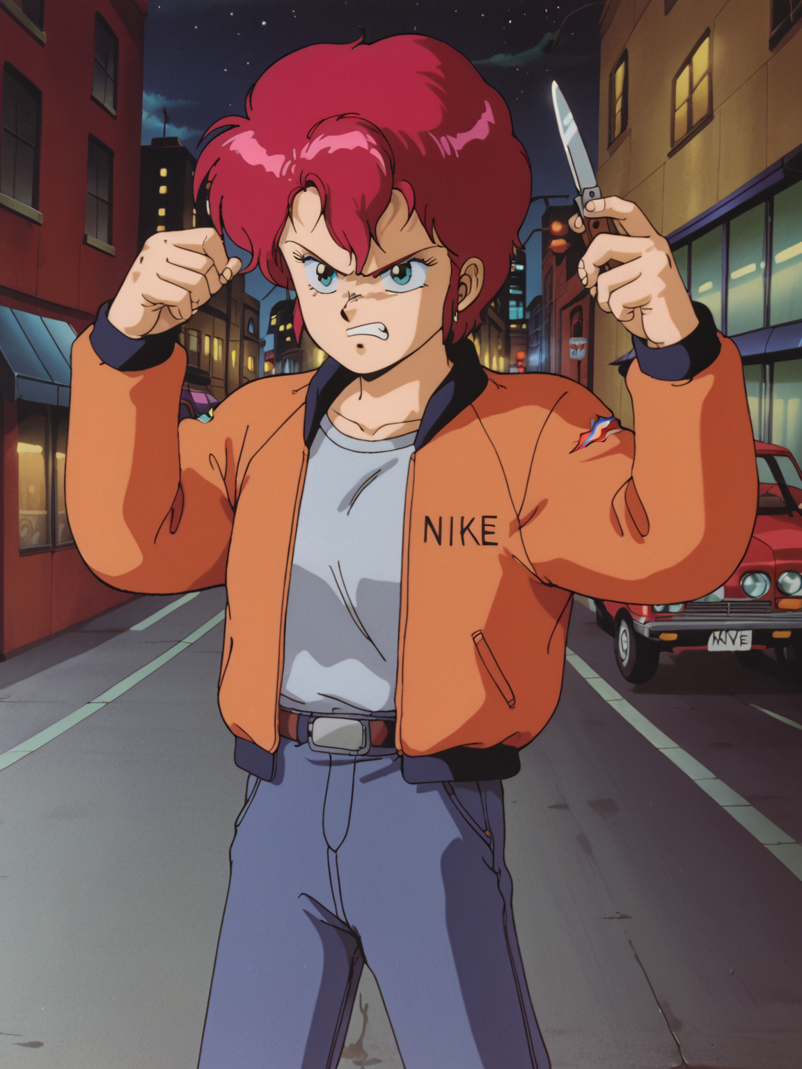 <lora:carrie_(riding_bean):0.9> rbcarrie, red hair, jacket, pocket knife
score_7_up, threating pose, angry expression
1980s /(Style/), city streets, night, nighttime