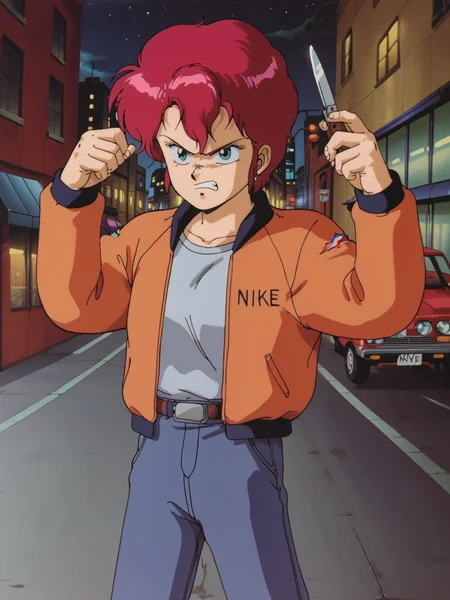 <lora:carrie_(riding_bean):0.9> rbcarrie, red hair, jacket, pocket knife
score_7_up, threating pose, angry expression
1980s /(Style/), city streets, night, nighttime