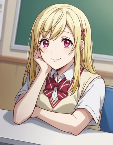 score_9, score_8_up, score_7_up, source_anime, <lora:urara-shiraishi-s1-ponyxl-lora-nochekaiser:1>, urara shiraishi, long hair, blonde hair, pink eyes, hair clip, x hair ornament,, skirt, bow, school uniform, jacket, plaid, plaid skirt, sweater vest, shirt, white shirt, collared shirt,, indoors, smile, looking at viewer, solo, sitting, head rest, table,, cowboy shot, dutch angle