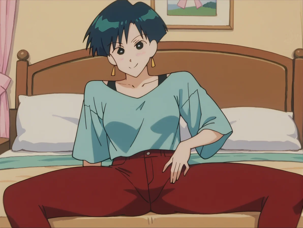 score_9, score_8_up, score_7_up, score_6_up, score_5_up, score_4_up,source_anime,anime screencap,uncensored,1girl,medium breasts, breasts,glistening body,shiny_skin,dewy skin,BREAK
 <lora:ruru_v1:1> burirururu, short hair, blue hair, earrings, bangs, black eyes,blue shirt,red pants,solo, smile,thighs,sitting, spread legs, blush,on bed, looking at viewer, head tilt,thighs,