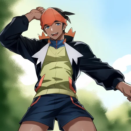 highres, masterpiece, high quality, masculine male, raihan \(pokemon\), jacket, shorts, headband