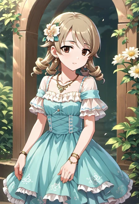 score_9, score_8_up, score_7_up, source_anime, morikubo nono, brown eyes, drill hair, light brown hair, 1girl, jewelry, earrings, hair ornament, bracelet, necklace, hair flower, flower, frills, dress, solo