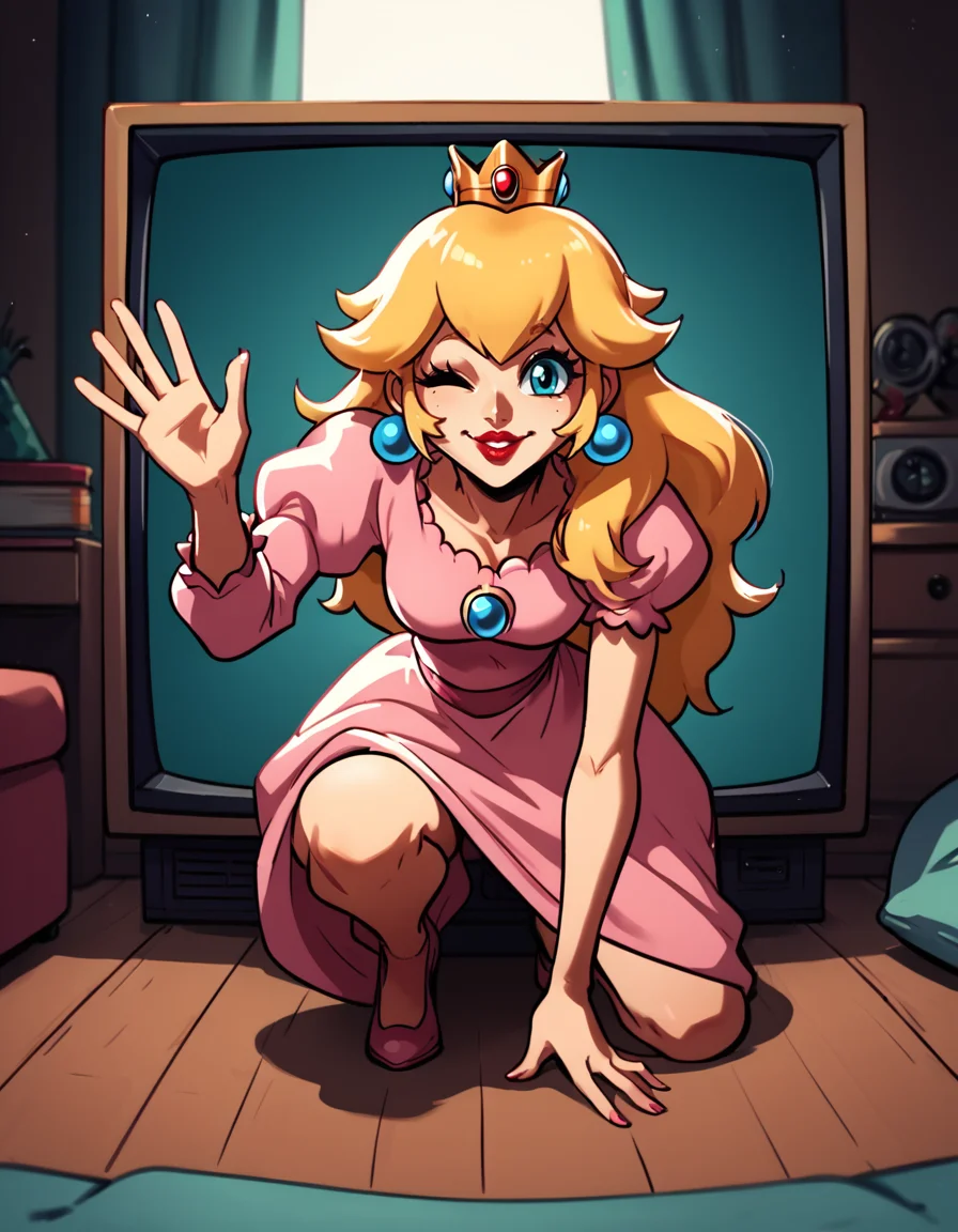 score_9, score_8_up, score_7_up, <lora:ThroughScreenPony:0.8>, throughscreen, source_anime, 1girl, princess peach, full body, tv, stuck, one eye closed, smiling, red lips, pov, one arm up, waving, on one knee, <lora:diives:1> diives,long pink dress,