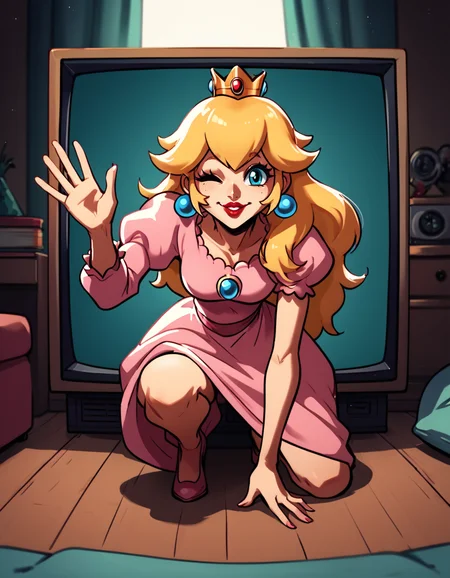 score_9, score_8_up, score_7_up, <lora:ThroughScreenPony:0.8>, throughscreen, source_anime, 1girl, princess peach, full body, tv, stuck, one eye closed, smiling, red lips, pov, one arm up, waving, on one knee, <lora:diives:1> diives,long pink dress,