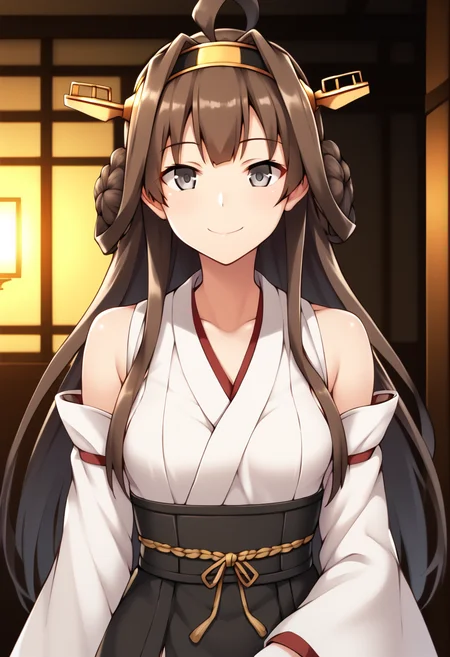 score_9, score_8_up, score_7_up, score_6_up, score_5_up, score_4_up, source_anime, rating:general, 
BREAK,
<lora:kongou_kancolle_ponyXL_v1:1> kongou (kancolle), brown hair, long hair, hairband, grey eyes, 
looking at viewer, smile, standing, indoors, detached sleeves,