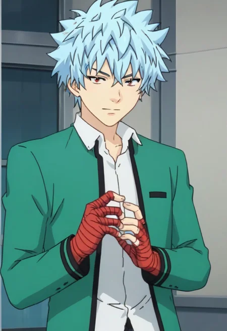 ((masterpiece)), ((best quality)), ((ultra-detailed)), score_9_up, score_8_up, score_7_up,
HD, top quality, best quality, High-quality illustrations, anime screencap, 1boy, 1male, solo male, male focus, Shun Kaidou, light blue hair, red eyes, handsome, attractive, cute, adorable, green blazer uniform, red hand bandages, school background