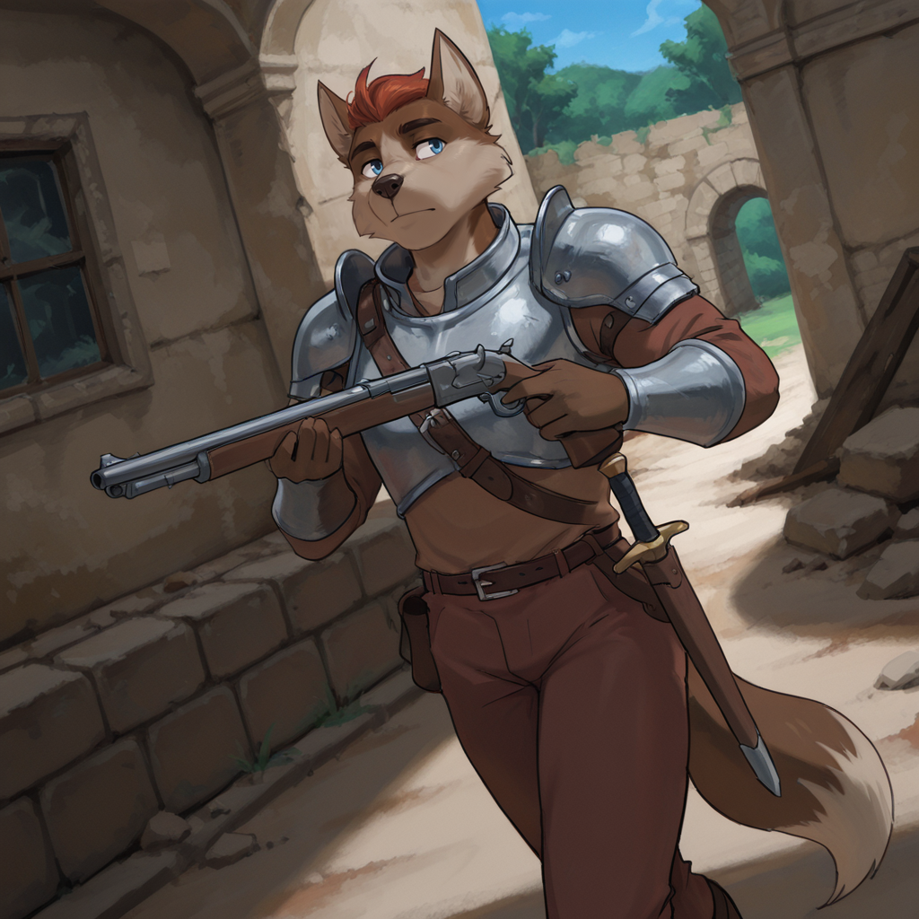 Furry, male, 1boy, solo, wolf, wolf boy, red hair, blue eyes, (medieval clothes), (fantasy armor), brown shirt, brown pants, musket, gun, holding weapon, belt, dagger, looking to the side, running, ruins, detailed background, dynamic angle, dutch angle, dynamic pose, three quarter view, detailed eyes, nice eyes, good lighting, masterpiece, best quality, amazing quality, very aesthetic, highres, absurdres, detailed background, davswolf, <lora:David_Mercy_v1_Illustrious-XL:1>, <lora:add-detail-xl:0.5>, <lora:Expressive_H:0.2>, <lora:spo_sdxl_10ep_4k-data_lora_webui:0.2>, <lora:sdxlVAE_sdxlVAE:0.1>, <lora:noobai_ep11_stabilizer_v0.138_fp16:0.3> , <lora:noobaiXLNAIXL_epsilonPred11Version-lora:0.1>