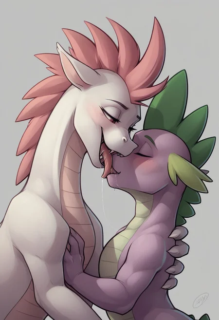 score_9, score_8_up, score_7_up, score_6_up, (Fizzle \(mlp\), feral dragon, white body, pink hair), (spike \(mlp\), green hair, pink body), kissing, hands on head, side view, tongue, saliva