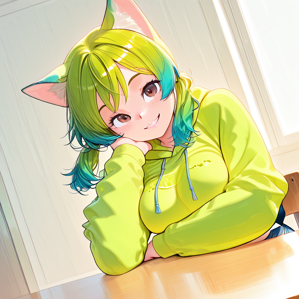 1girl, Klover, hoodie, smiling, leaning on table <lora:Klover Illustrious:3>
