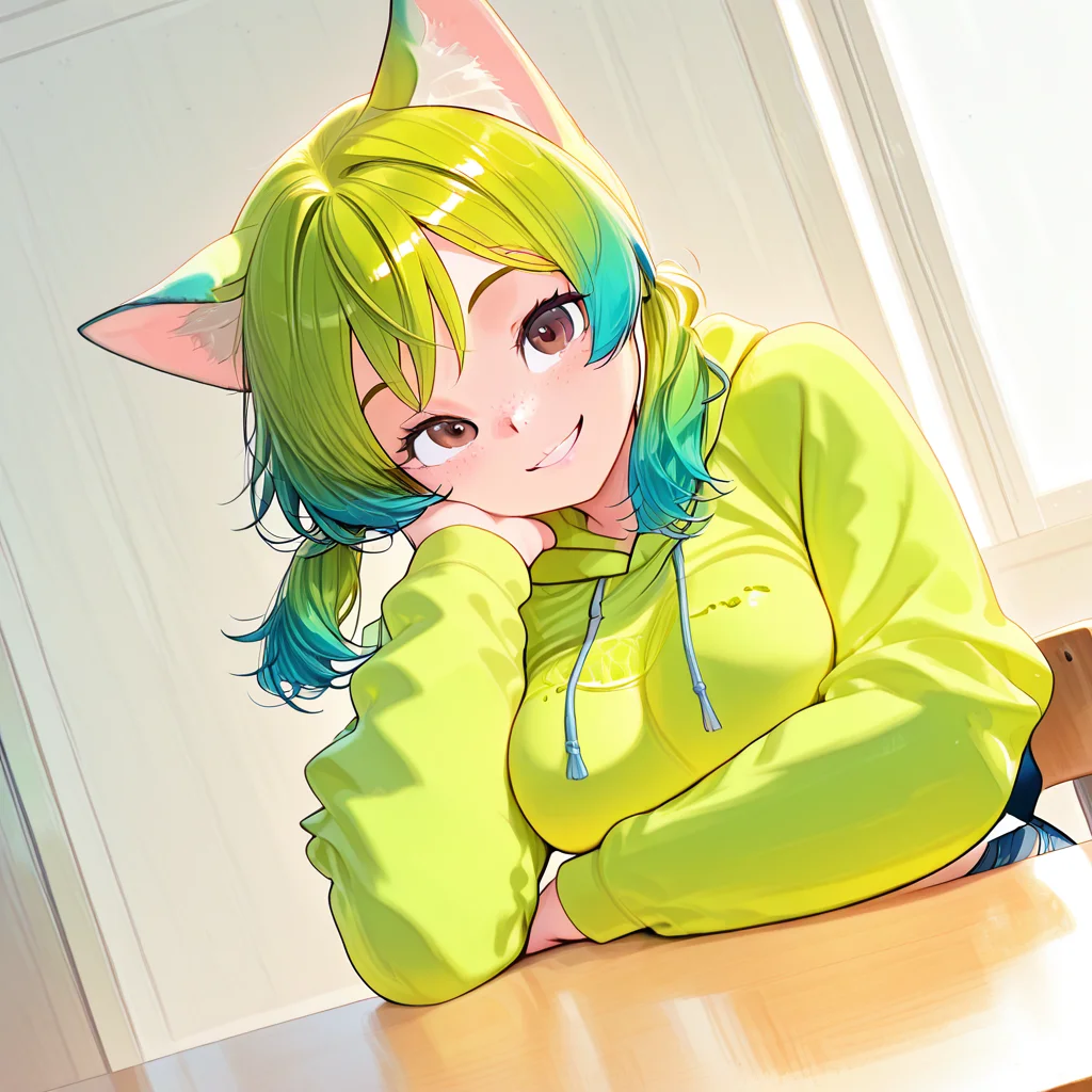 1girl, Klover, hoodie, smiling, leaning on table <lora:Klover Illustrious:3>