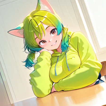 1girl, Klover, hoodie, smiling, leaning on table <lora:Klover Illustrious:3>