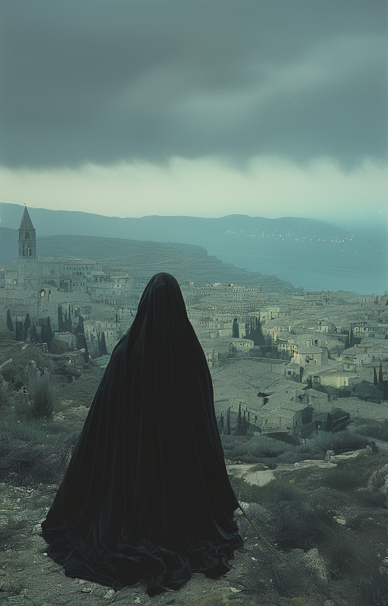 masterpiece,best quality,<lora:tbh156-sdxl:1>,illustration,style of  Philip Lorca diCorcia, Nazgul over sleeping town