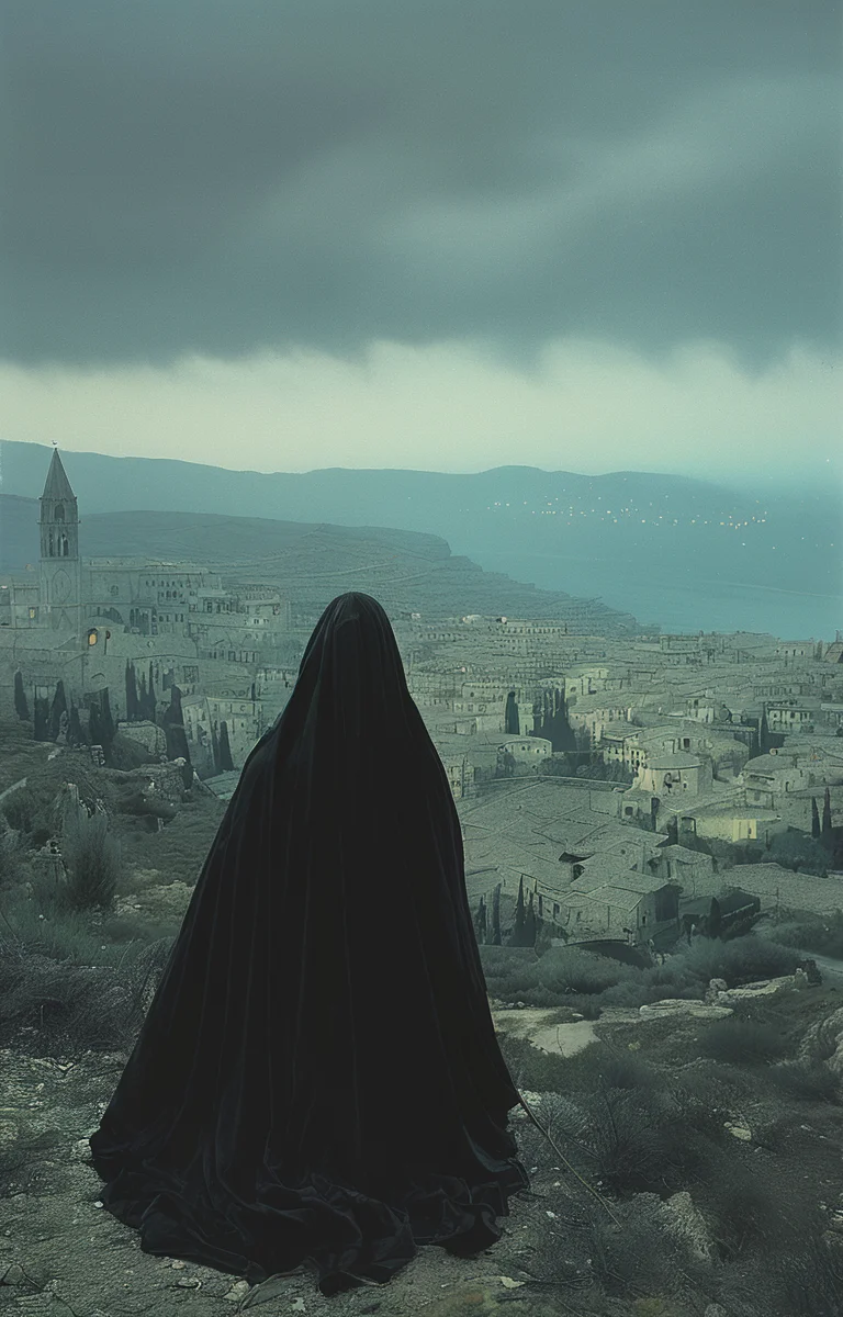 masterpiece,best quality,<lora:tbh156-sdxl:1>,illustration,style of Philip Lorca diCorcia, Nazgul over sleeping town