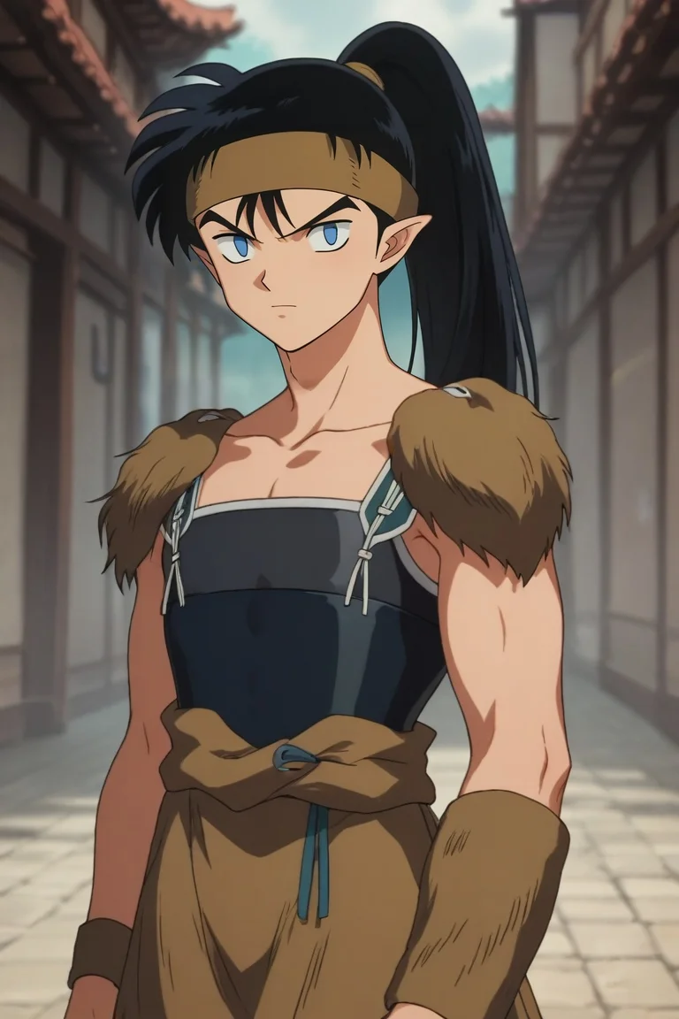 score_9, score_8_up, score_7_up, source_anime, rating_safe, , semi-realistic, looking at viewer, depth of field, 1boy, solo, male focus, <lora:kouga_inuyasha_pony:0.98>, kouga_inuyasha, black hair, blue eyes, long hair, ponytail, pointy ears, headband, , , , <lora:sdxl_lightning_8step_lora:1>