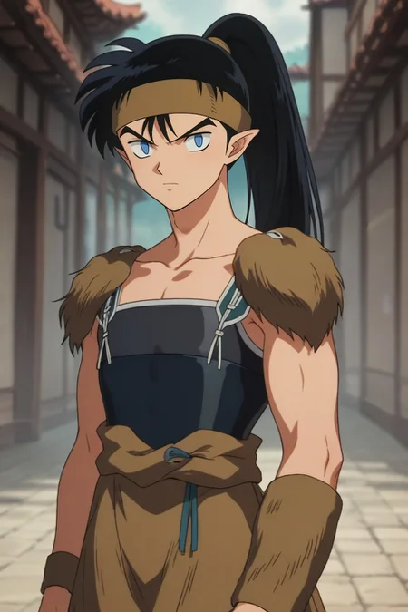 score_9, score_8_up, score_7_up, source_anime, rating_safe, , semi-realistic, looking at viewer, depth of field, 1boy, solo, male focus, <lora:kouga_inuyasha_pony:0.98>, kouga_inuyasha, black hair, blue eyes, long hair, ponytail, pointy ears, headband, , , , <lora:sdxl_lightning_8step_lora:1>