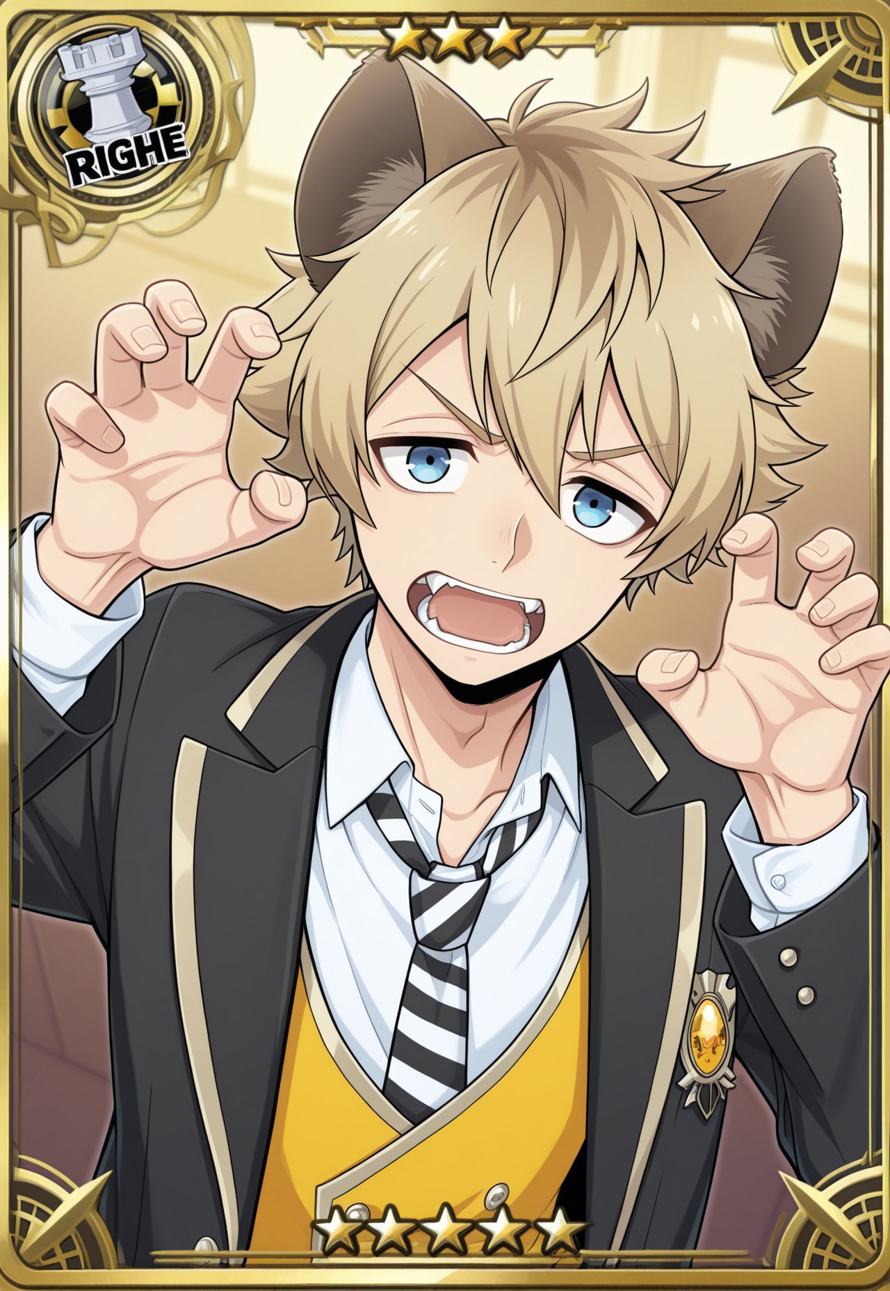 masterpiece,best quality,amazing quality, source_anime, card (medium), 

RuggieBucchi, 1boy, male focus, solo, blue eyes, blonde hair, animal ears, school uniform, shirt, white shirt, collared shirt, necktie, striped necktie, black and white necktie, vest, yellow vest, jacket, blazer, black jacket, open jacket, claw pose, fangs, cute,