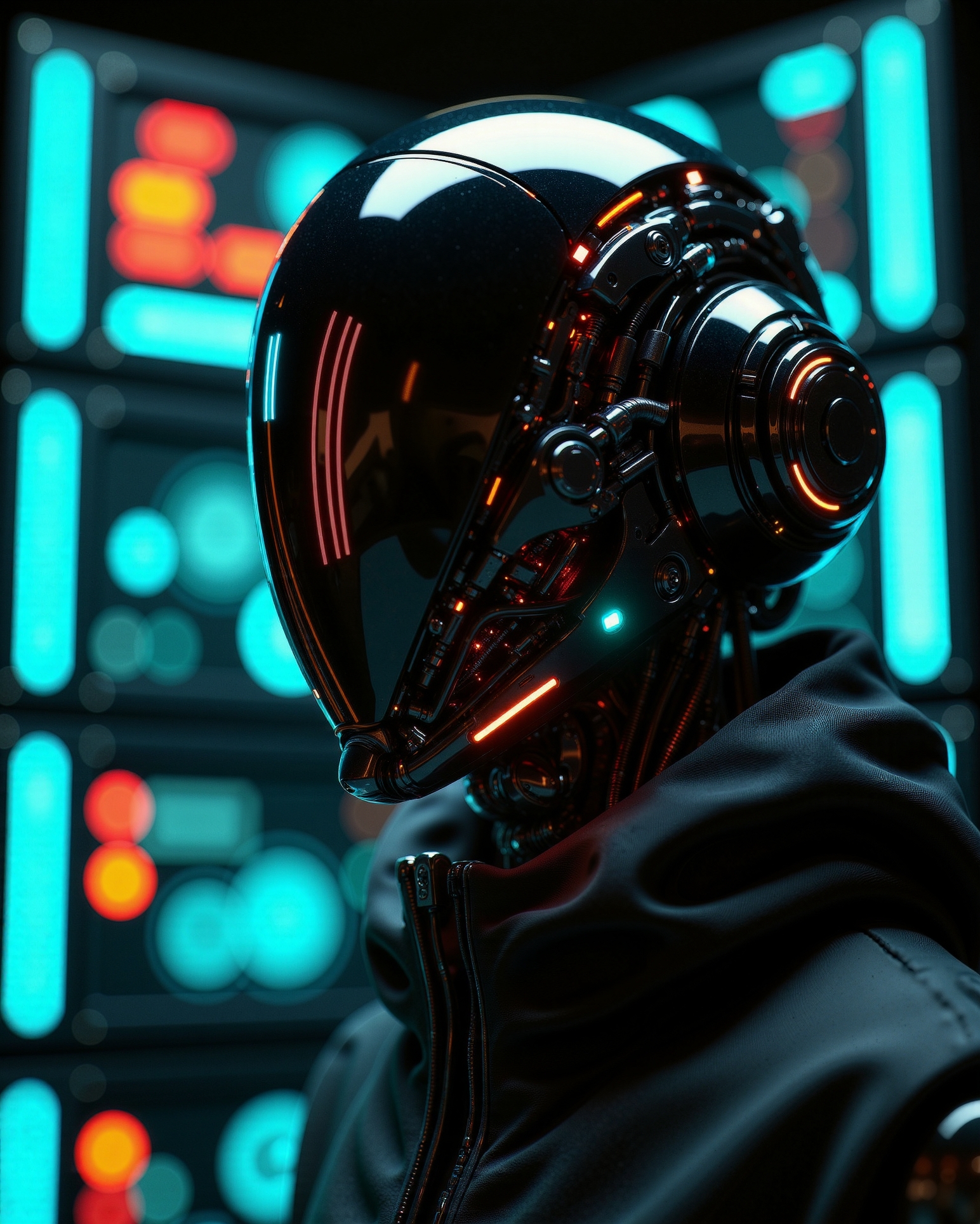 RAW Photograph, in the style of ckfa, cyberpunk faceless android humanoid woman with a shiny reflective glas mask, intricate shiny mechanical high tech components visible, neonpunk, (looking mysteriously at the viewer, eye contact), direct eye contact. a scanner scans the viewer, hunter, nistyle in a hacker room, stealing hard disk drives