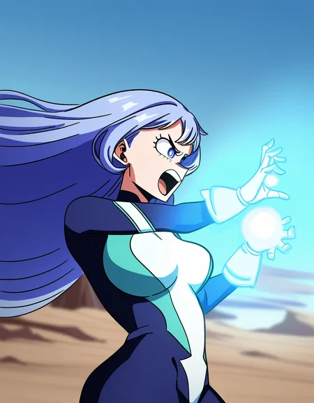 masterpiece, best quality, newest, absurdres, highres, safe,, <lora:nejire-hadou-ponyxl-lora-nochekaiser:1> nejire hadou, blue eyes, blue hair, long hair, white pupils, large breasts, <lora:kamehameha-illustriousxl-lora-nochekaiser:1>, kamehameha, kamehameha (dragon ball), open mouth, outstrecthed arms, torn clothes, shouting, from side, energy, energy ball, outdoors, wasteland, cowboy shot,