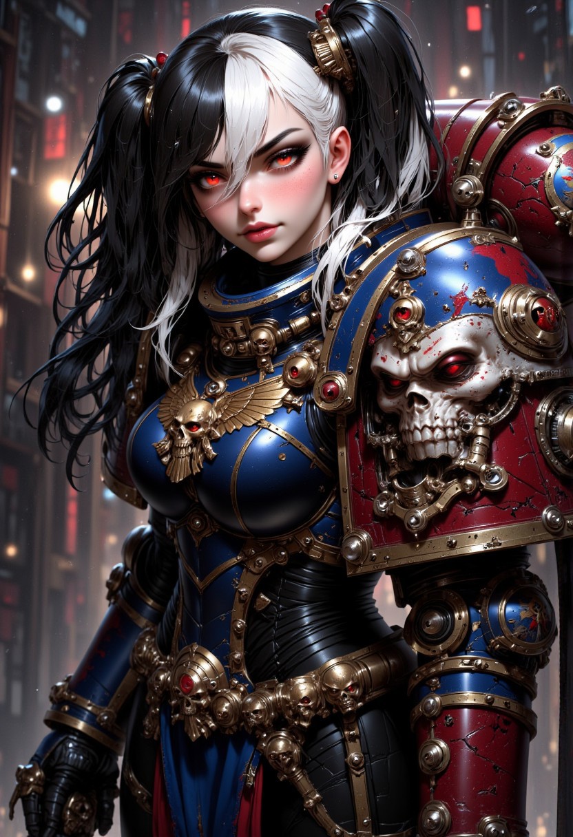 Fangs, black hair, multicolored hair, white hair, long hair, warhammer space marine, in power armor, red eyes, (full body), ultra realistic, delicate and smooth skin, blush, perfect body, thighs, highly detailed, glossy lips, Goth girl,