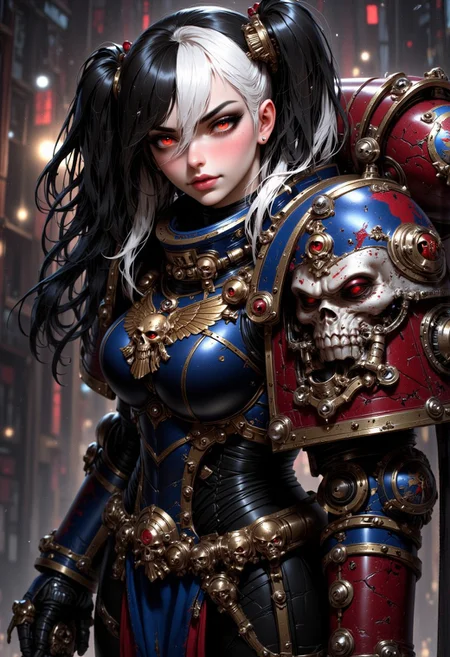 Fangs, black hair, multicolored hair, white hair, long hair, warhammer space marine, in power armor, red eyes, (full body), ultra realistic, delicate and smooth skin, blush, perfect body, thighs, highly detailed, glossy lips, Goth girl,