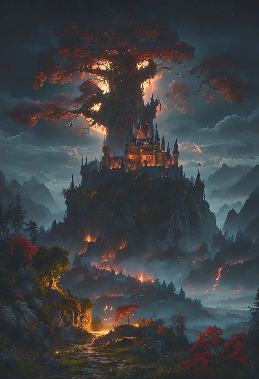 A captivating night scene illustration featuring a forboding and haunted castle on a great great mountain. The castle and mountain are much like Neuschwanstein Castle in Bavaria. This enchanting artwork captures a dark and ominous night, wherered bloodmoon hangs above over the tree covered mountain range and castle which stands resolute amidst the great mountains, creating a cinematic experience., illustration, cinematic
<lora:DonM3t3rn1tyXL-v1.1:0.7>, DonM3t3rn1tyXL,
OverallDetailXL <lora:MJ52:0.3> <lora:SDXLFaeTastic2400:0.4> <lora:EpicF4nta5yXL:0.7>