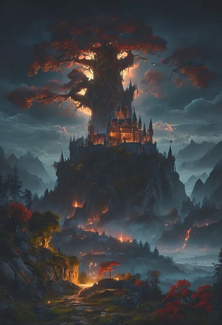 A captivating night scene illustration featuring a forboding and haunted castle on a great  great mountain. The castle and mountain are much like Neuschwanstein Castle in Bavaria.  This enchanting artwork captures a dark and ominous night, wherered bloodmoon hangs above  over the  tree covered mountain range and castle which   stands resolute amidst the great mountains, creating a cinematic experience., illustration, cinematic
<lora:DonM3t3rn1tyXL-v1.1:0.7>, DonM3t3rn1tyXL,
OverallDetailXL  <lora:MJ52:0.3>  <lora:SDXLFaeTastic2400:0.4>  <lora:EpicF4nta5yXL:0.7>