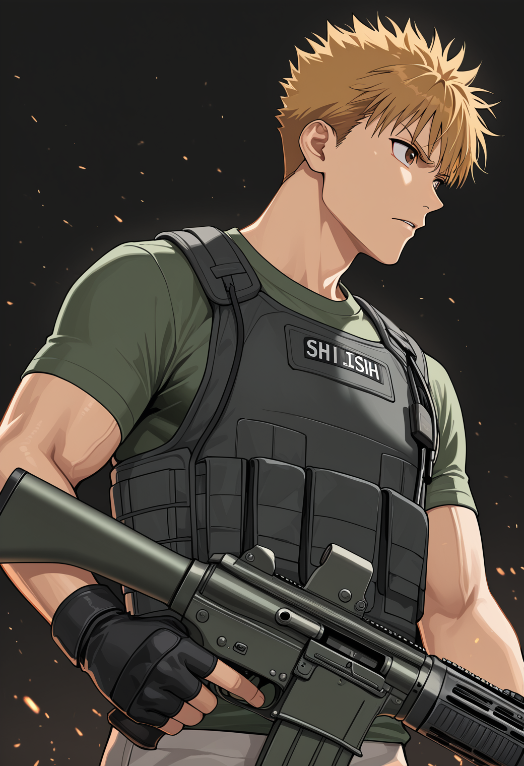 <lora:Fujiyama_Arashi_Tokimeki_Memorial_GS_3:1>,f4r4sh1,brown eyes,blonde_f4r4sh1_hair,1boy,solo,anime coloring,
high contrast,high key,soldier,bulletproof vest,holding gun,machine gun,furrowed brow,looking afar,skin tight,dark green shirt,tight shirt,muscular male,black background,black fingerless gloves, 
(masterpiece, best quality, absurdres, detailed, amazing quality, vivid colors, newest, very aesthetic, highres, expressive eyes)